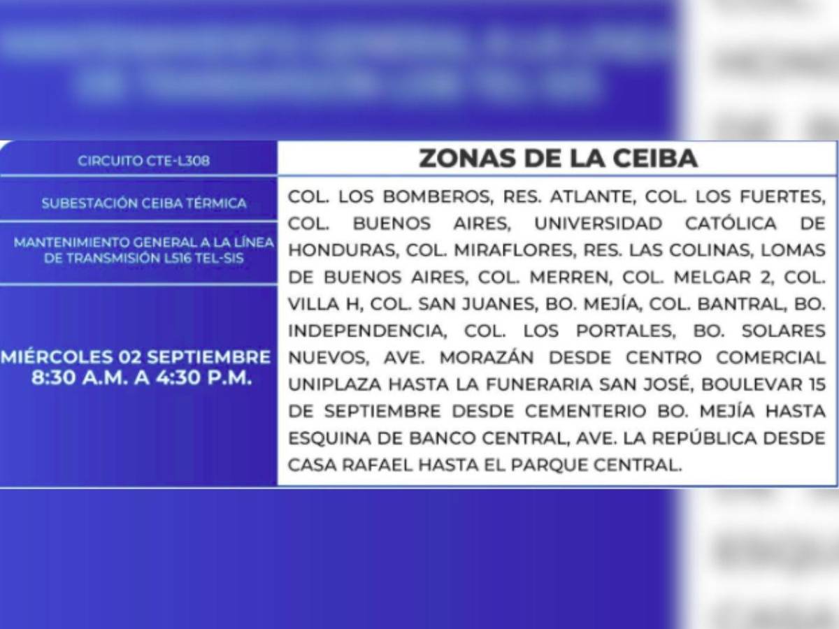 Amplios cortes de luz en estas zonas de Honduras este miércoles 2 de septiembre
