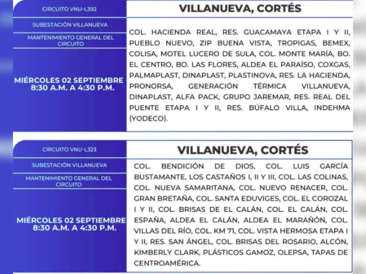 Amplios cortes de luz en estas zonas de Honduras este miércoles 2 de septiembre