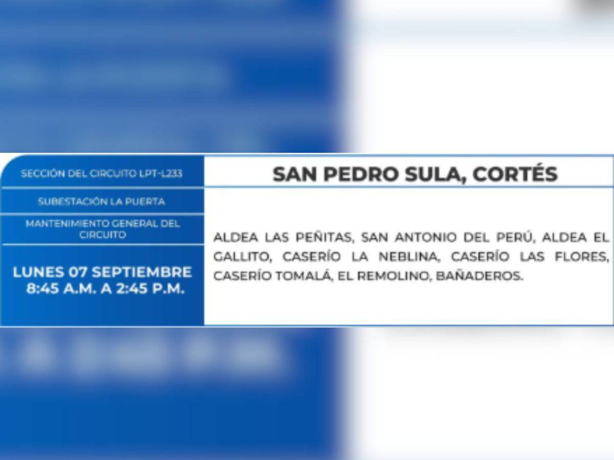 Zonas de Honduras que no tendrán energía eléctrica este lunes 7 de septiembre