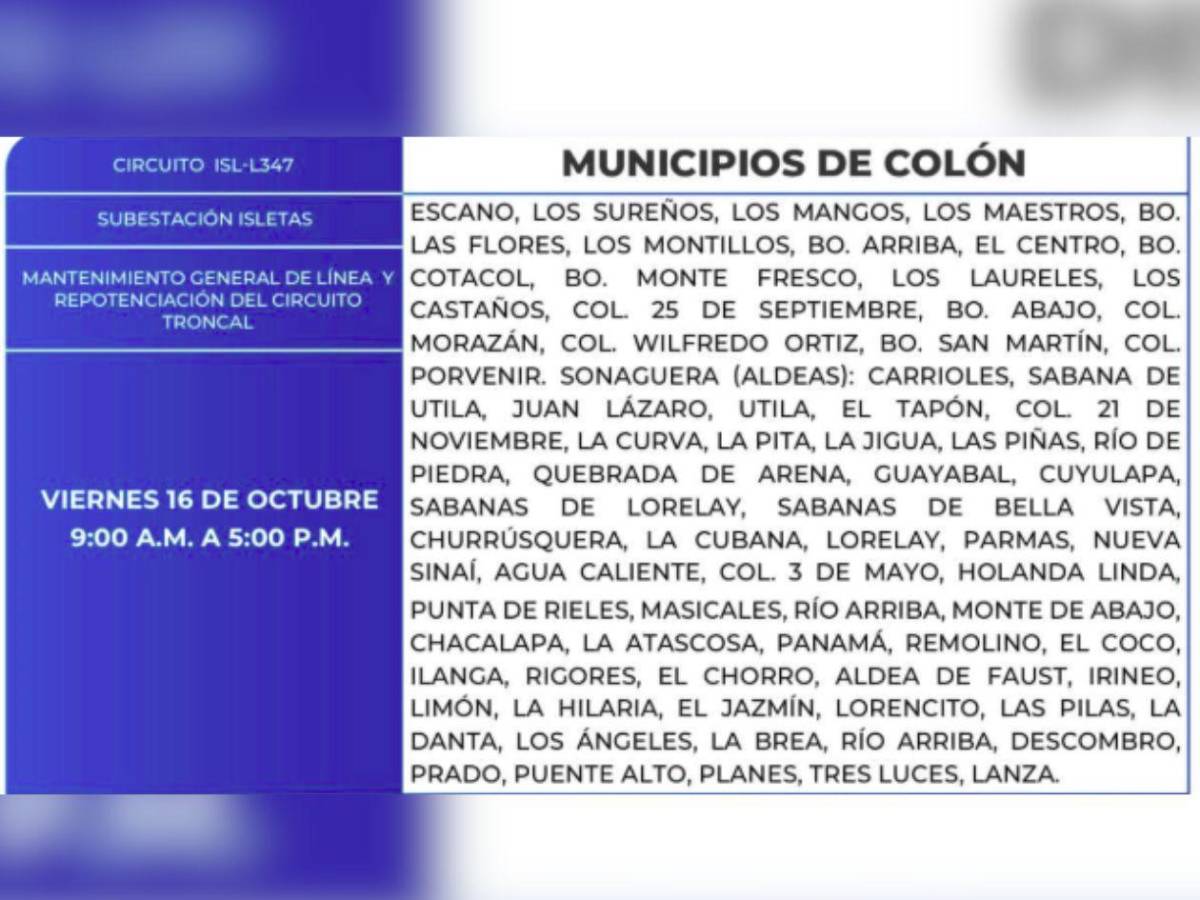 Ocho horas sin luz estarán estas zonas de Honduras este viernes 16 de octubre