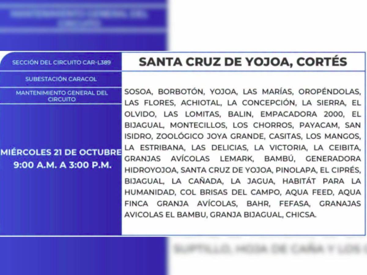 Amplias zonas de Honduras no tendrán energía este miércoles 21 de octubre