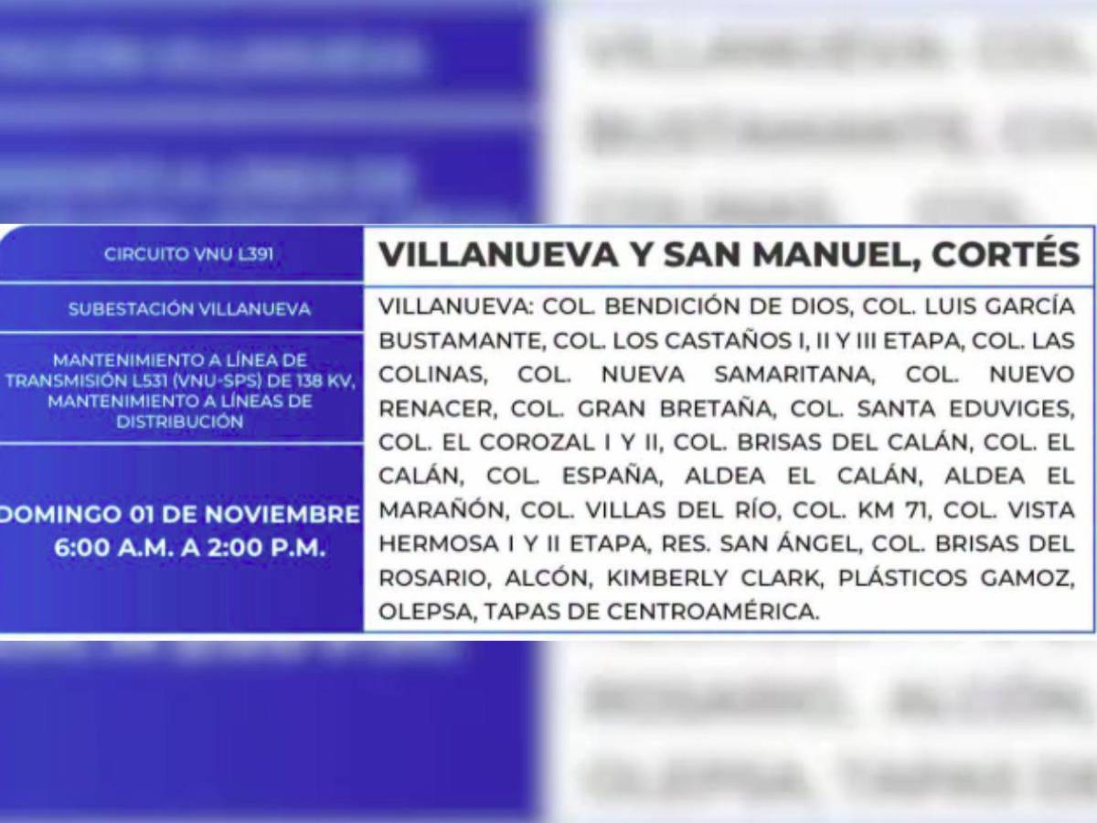 ¡Domingo sin luz! Extensa lista de zonas de Honduras no tendrán energía este 1 de noviembre