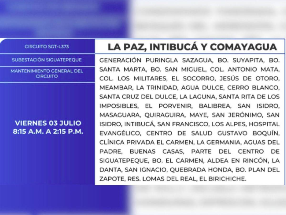 San Pedro Sula y otras ciudades de Honduras que no tendrán luz este viernes 3 de junio