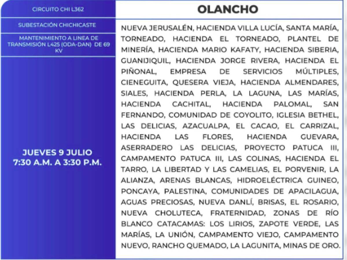 Ocho horas sin luz estarán estas zonas en Honduras este jueves 9 de julio