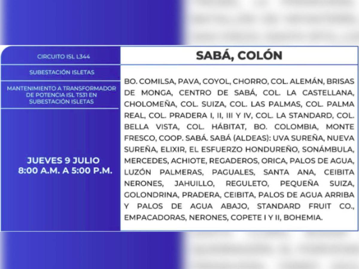 Ocho horas sin luz estarán estas zonas en Honduras este jueves 9 de julio