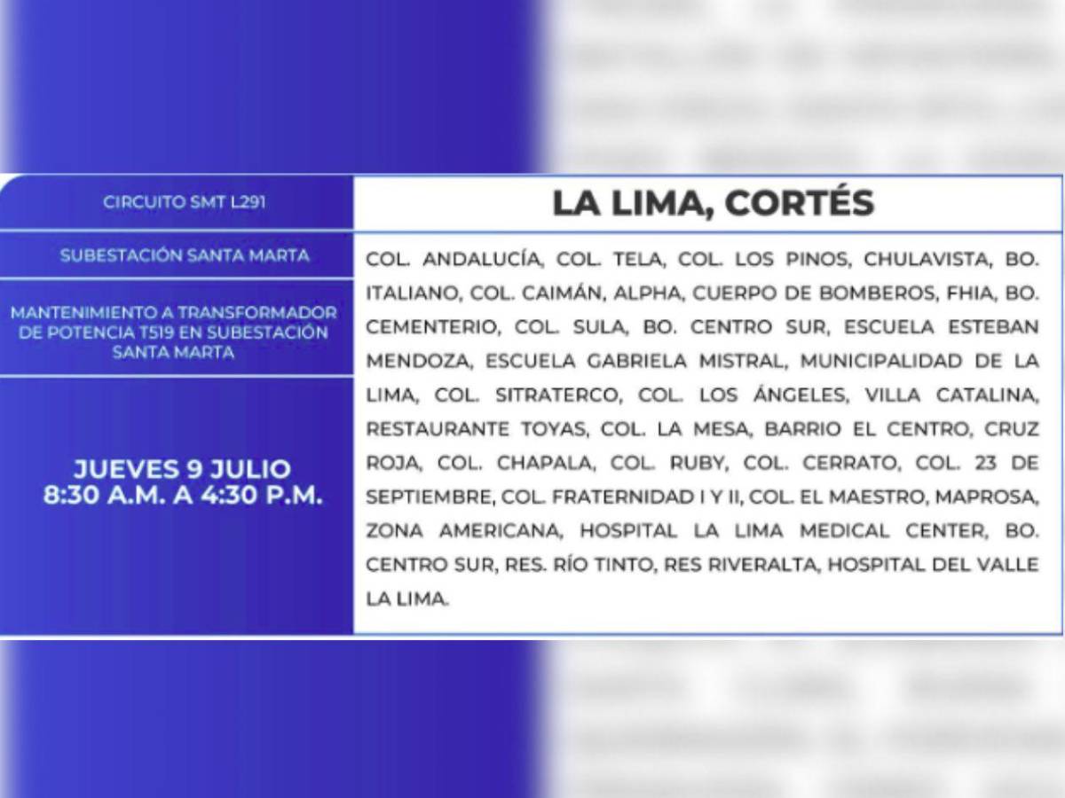 Ocho horas sin luz estarán estas zonas en Honduras este jueves 9 de julio