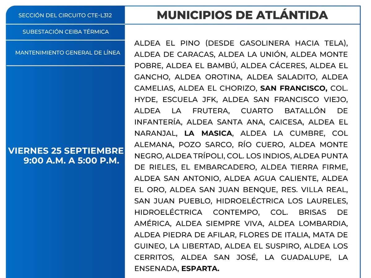 Cortes de energía de este viernes 25 de septiembre en Comayagua, San Pedro Sula y Atlántida