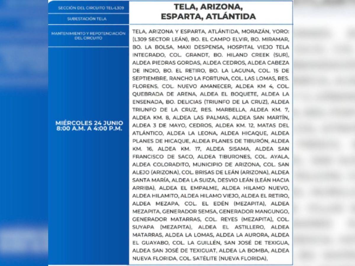 Estas zonas de Honduras no tendrán energía eléctrica este miércoles 24 de junio