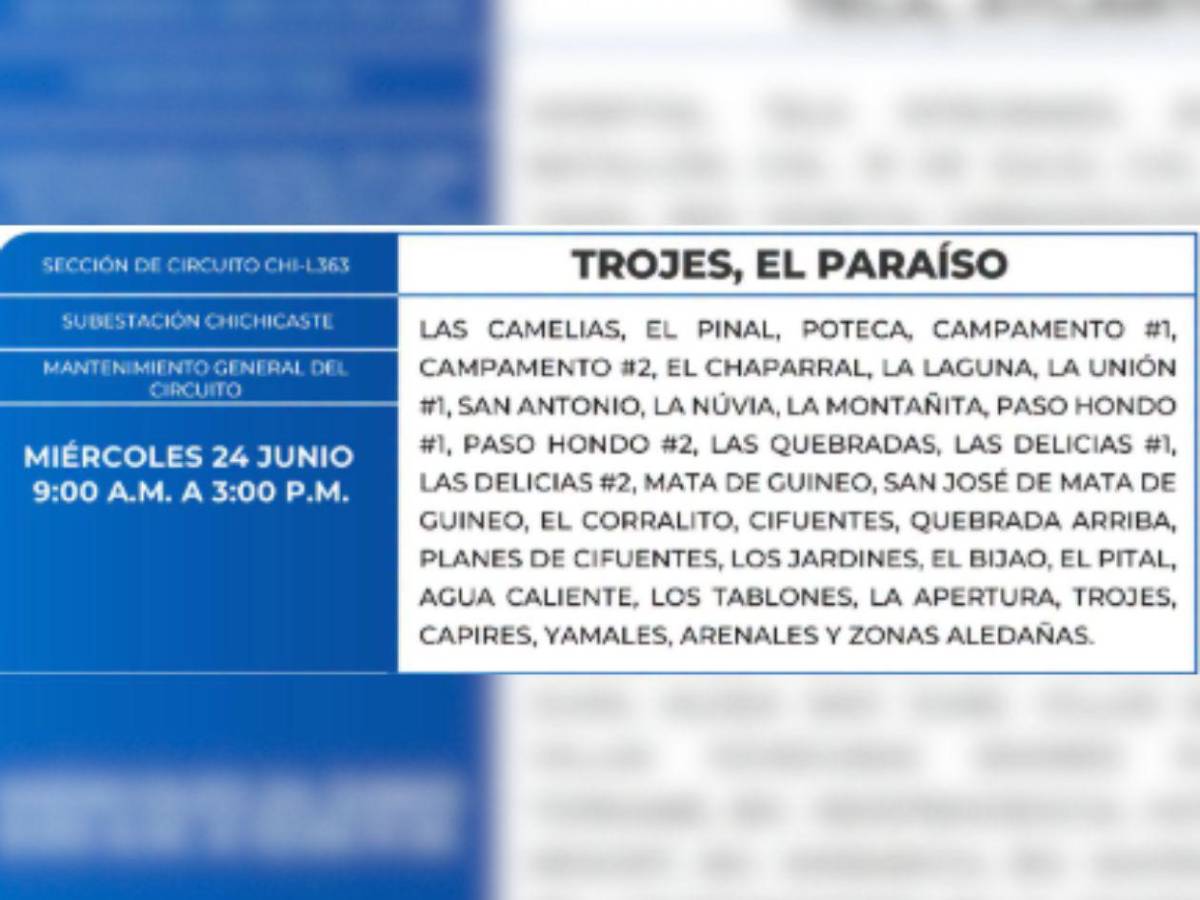 Estas zonas de Honduras no tendrán energía eléctrica este miércoles 24 de junio