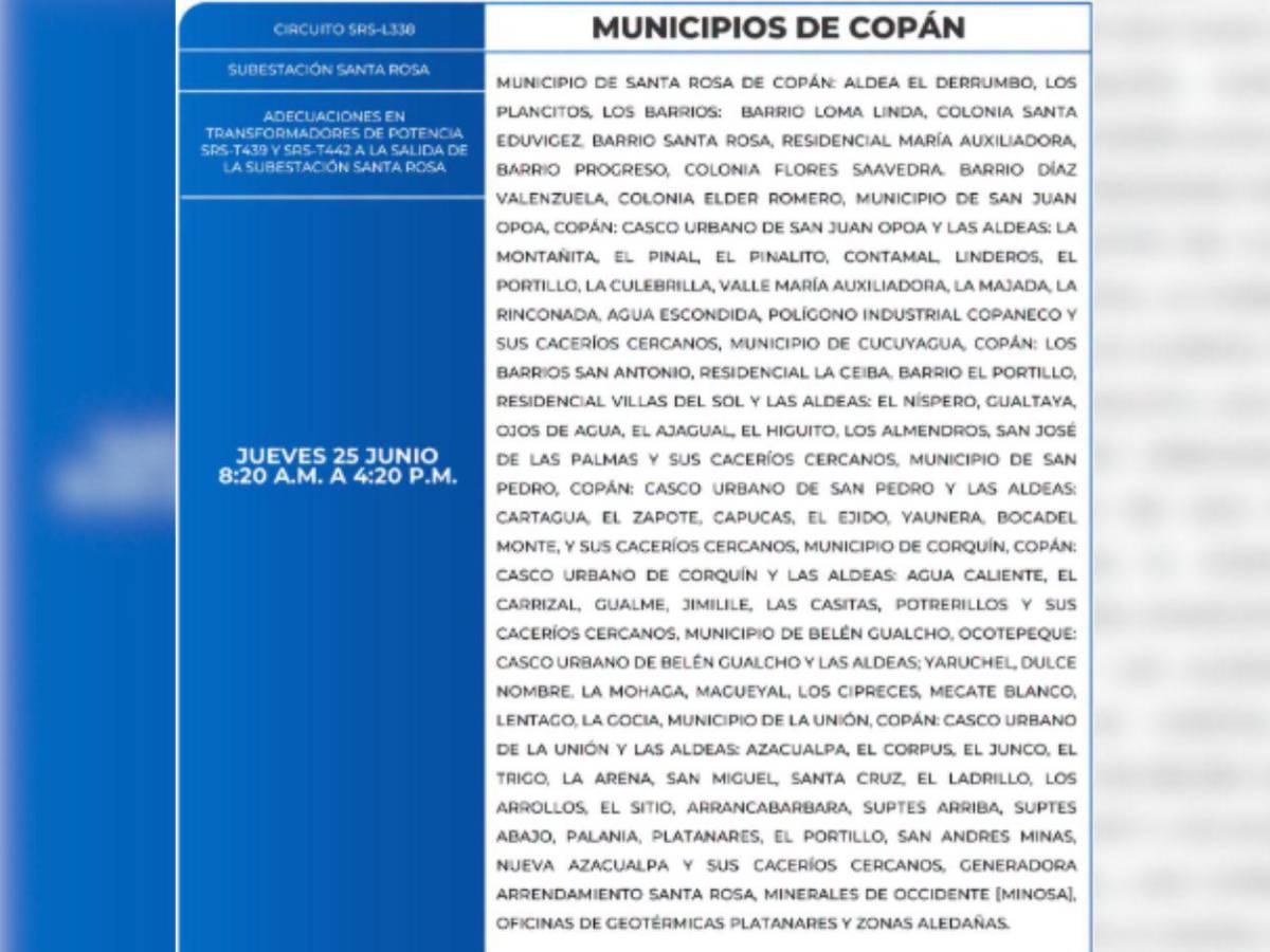 Ocho horas sin luz estarán estas zonas de Honduras este jueves 25 de junio