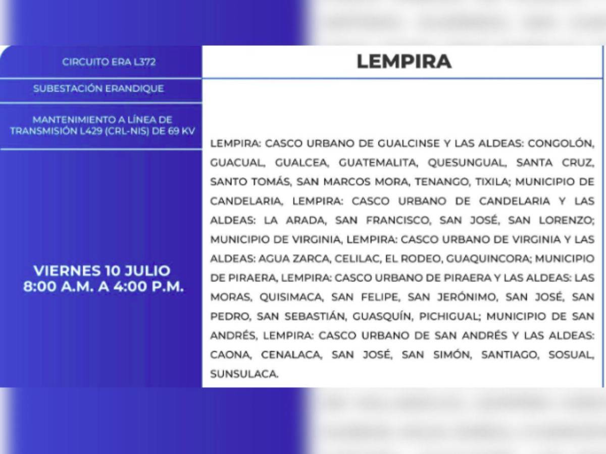 Amplios cortes de luz en estas zonas de Honduras este viernes 10 de julio