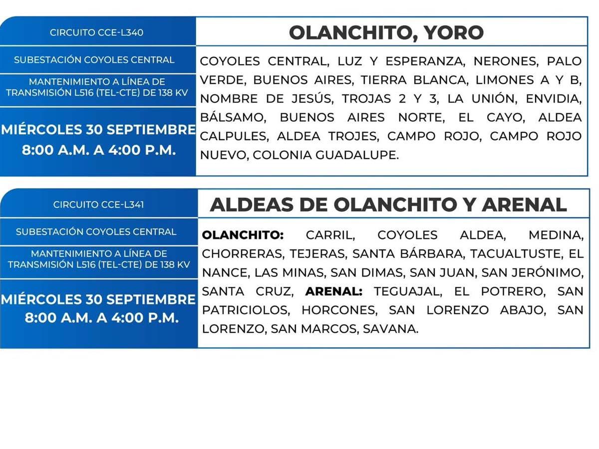 Más de 100 zonas de Honduras no tendrán luz este miércoles 30 de septiembre