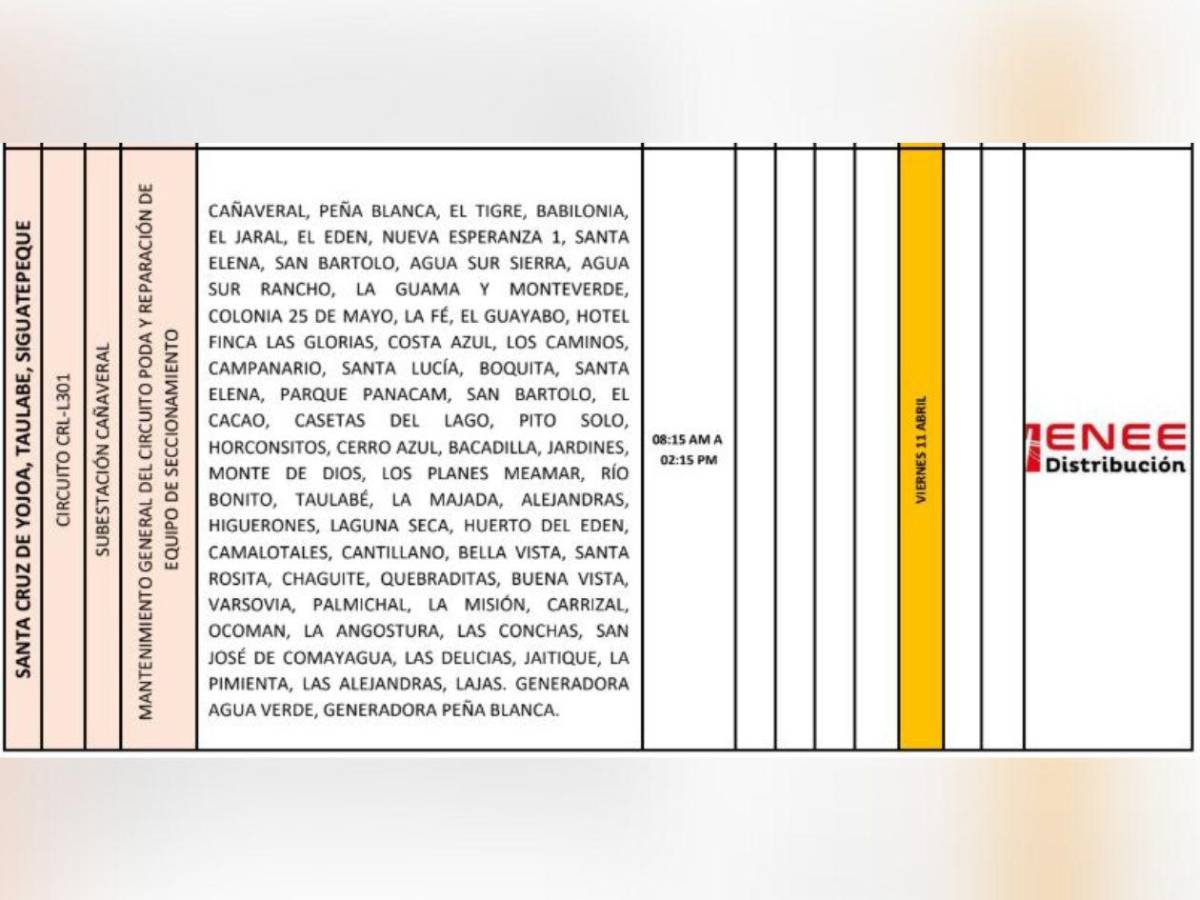 Estos municipios estarán sin luz eléctrica este viernes 11 de abril en Honduras