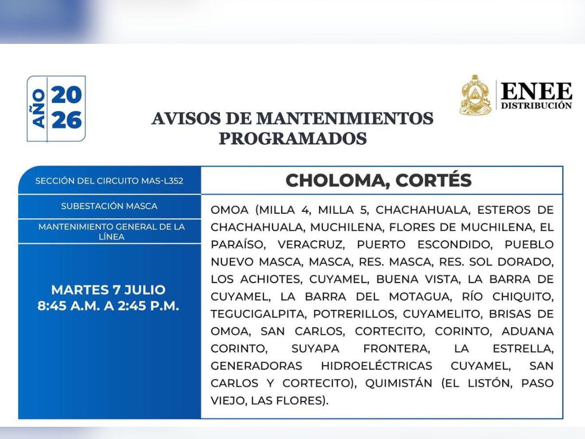 Estos lugares de Honduras no tendrán luz este martes 7 de julio