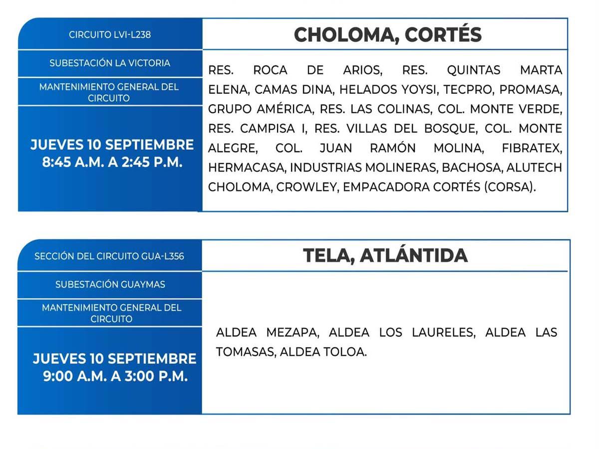 Cortes de energía este jueves 10 de septiembre en Tegucigalpa, Choloma, Tela y Valle