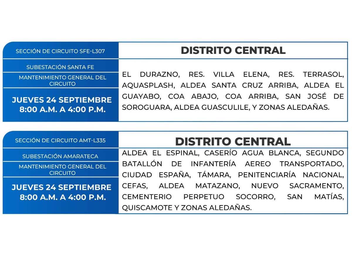 Cortes de energía de este jueves 24 de septiembre en San Pedro Sula, Yoro y Tegucigalpa