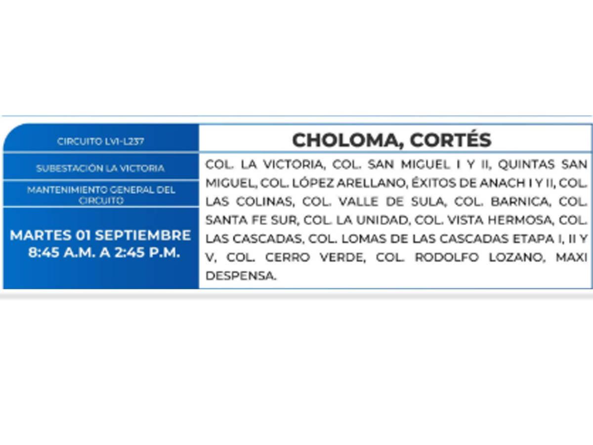 Cortes de energía este martes 1 de septiembre en Choloma, Yoro, Santa Cruz de Yojoa y Amarateca