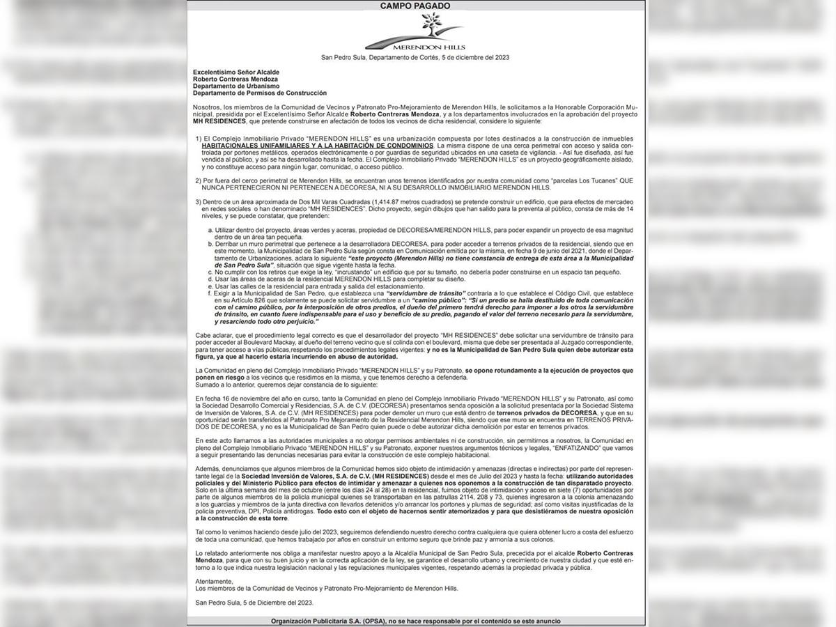 Comunicado: Vecinos de Merendon Hills solicitan revisión del proyecto MH RESIDENCES