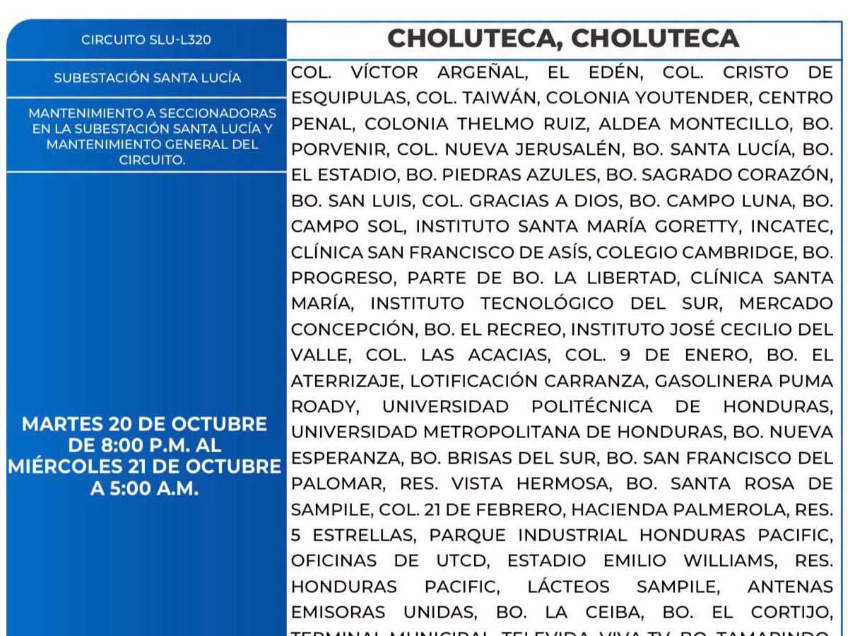 Cortes de energía de este martes 20 de octubre en Yoro, Tela, Santa Bárbara y Comayagua