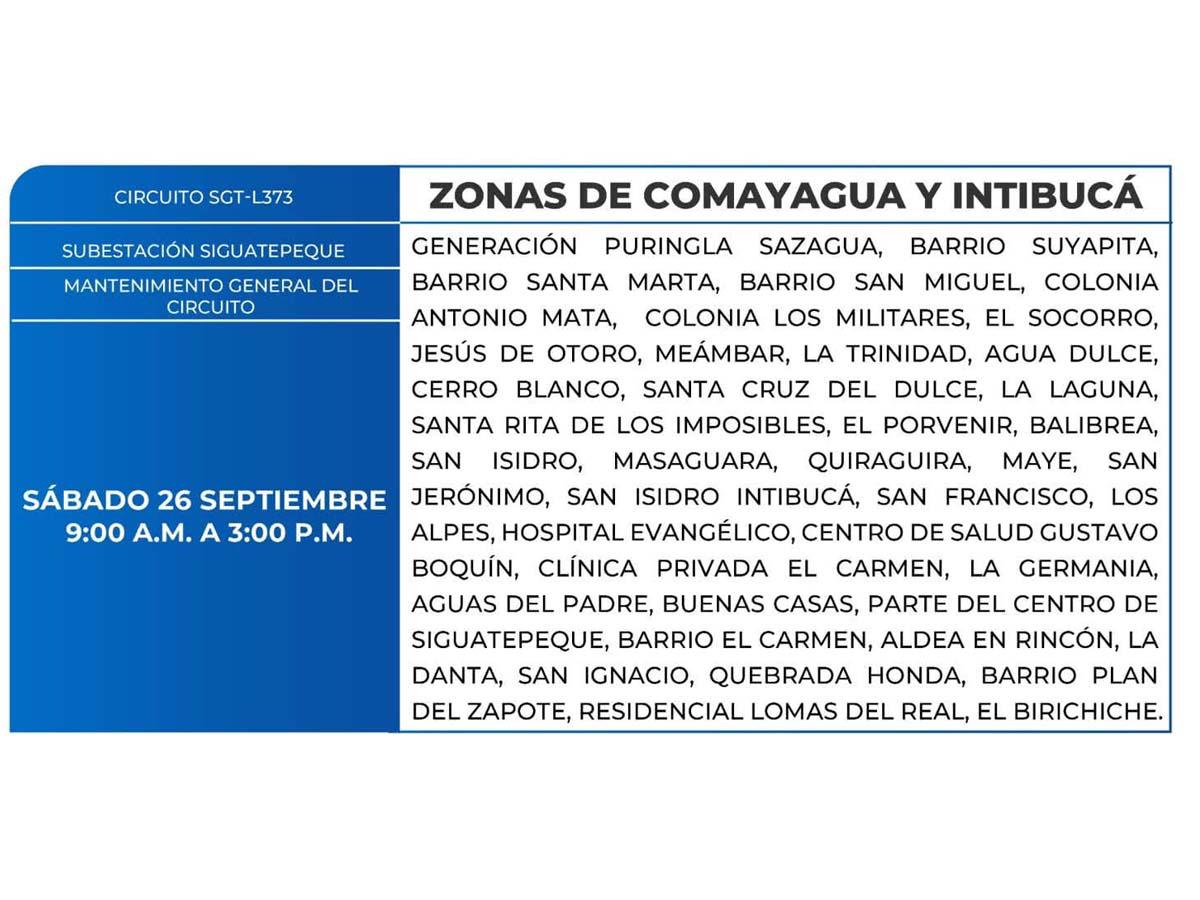 Cortes de energía este sábado 26 de septiembre en Siguatepeque, Intibucá y Comayagua