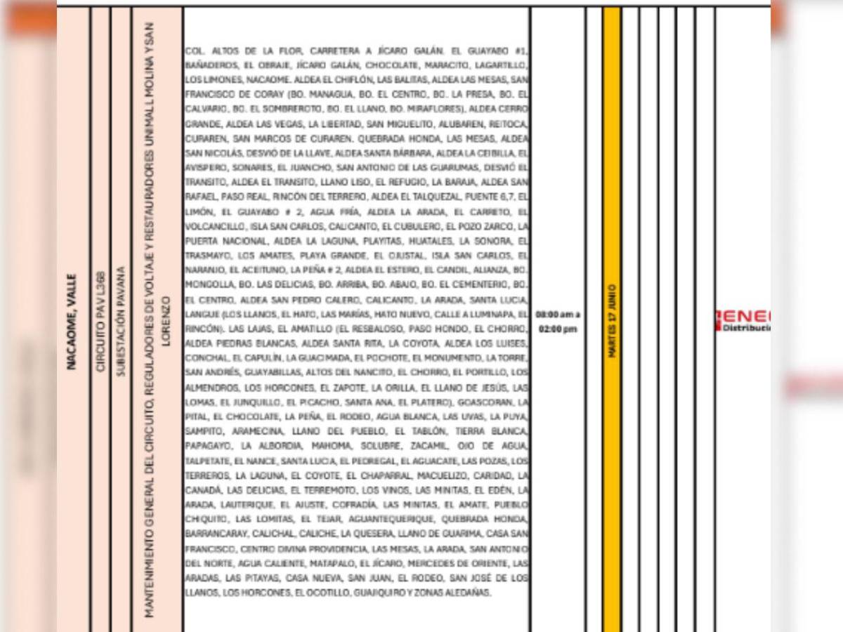 Cortes de luz en SPS, Choloma y otras zonas de Honduras este martes 17 de junio