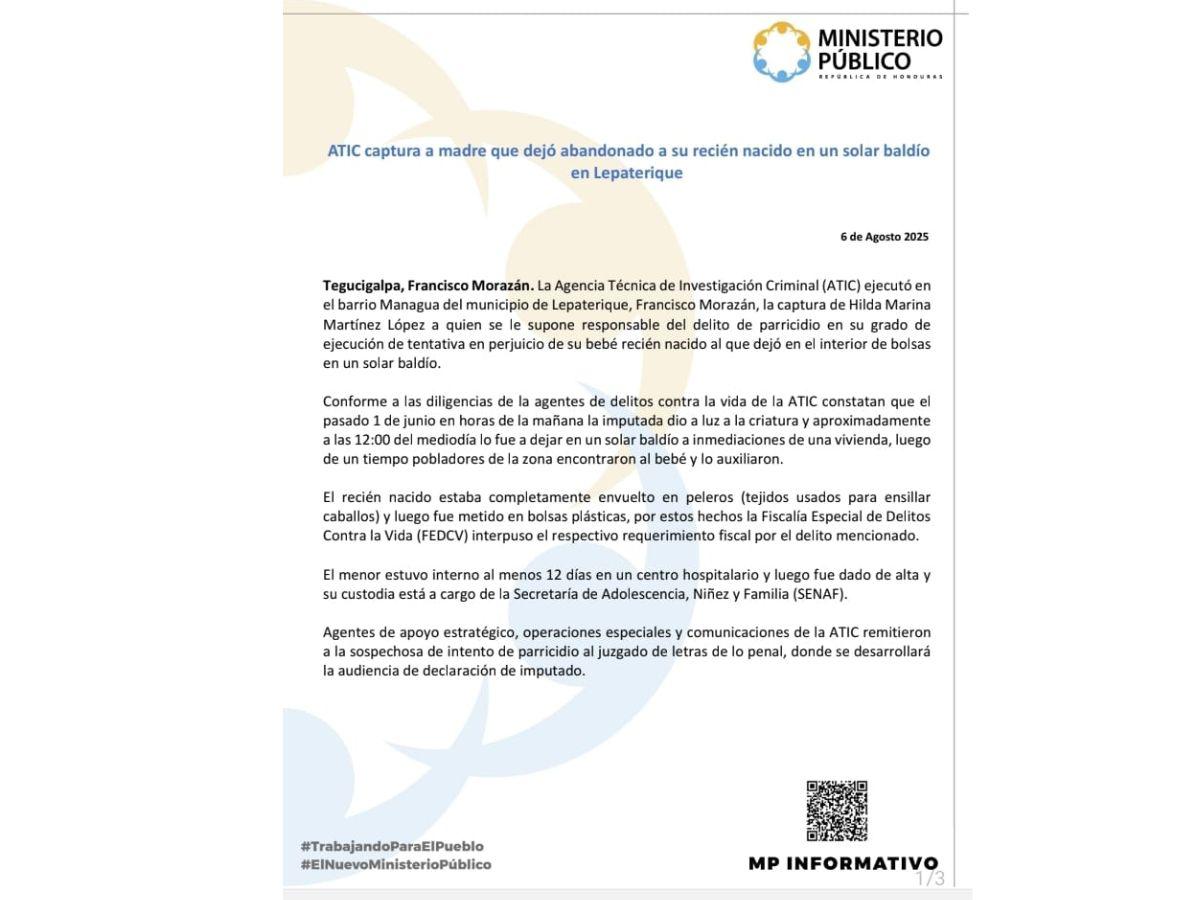 Madre abandona a su bebé en bolsa de basura en Lepaterique