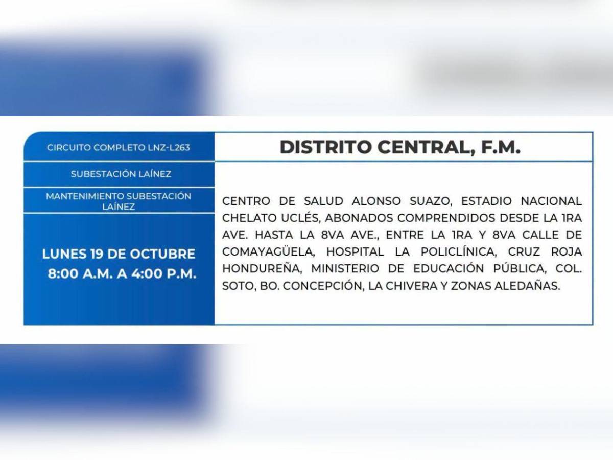 Zonas de Honduras que no tendrán energía este lunes 19 de octubre