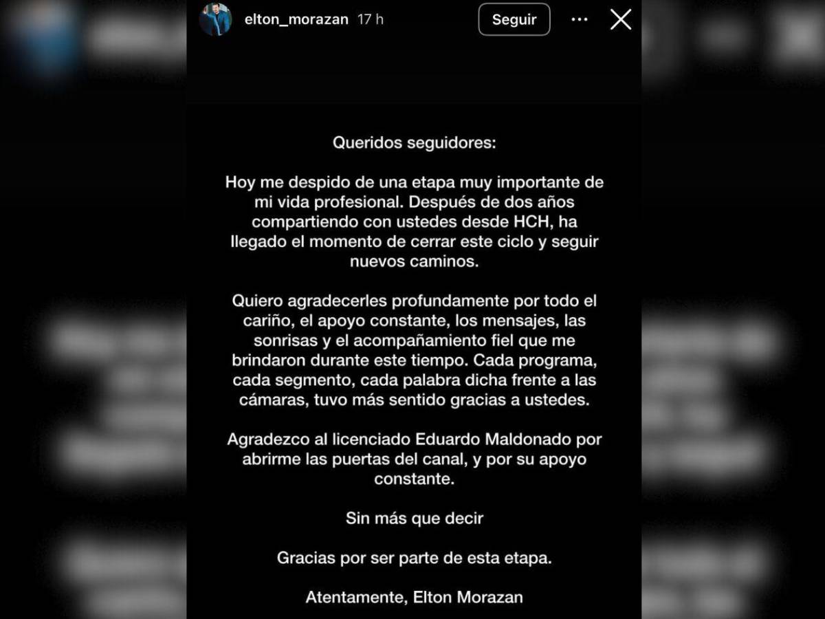 Elton Morazán sorprende con su salida de la TV y se despide con emotivo mensaje