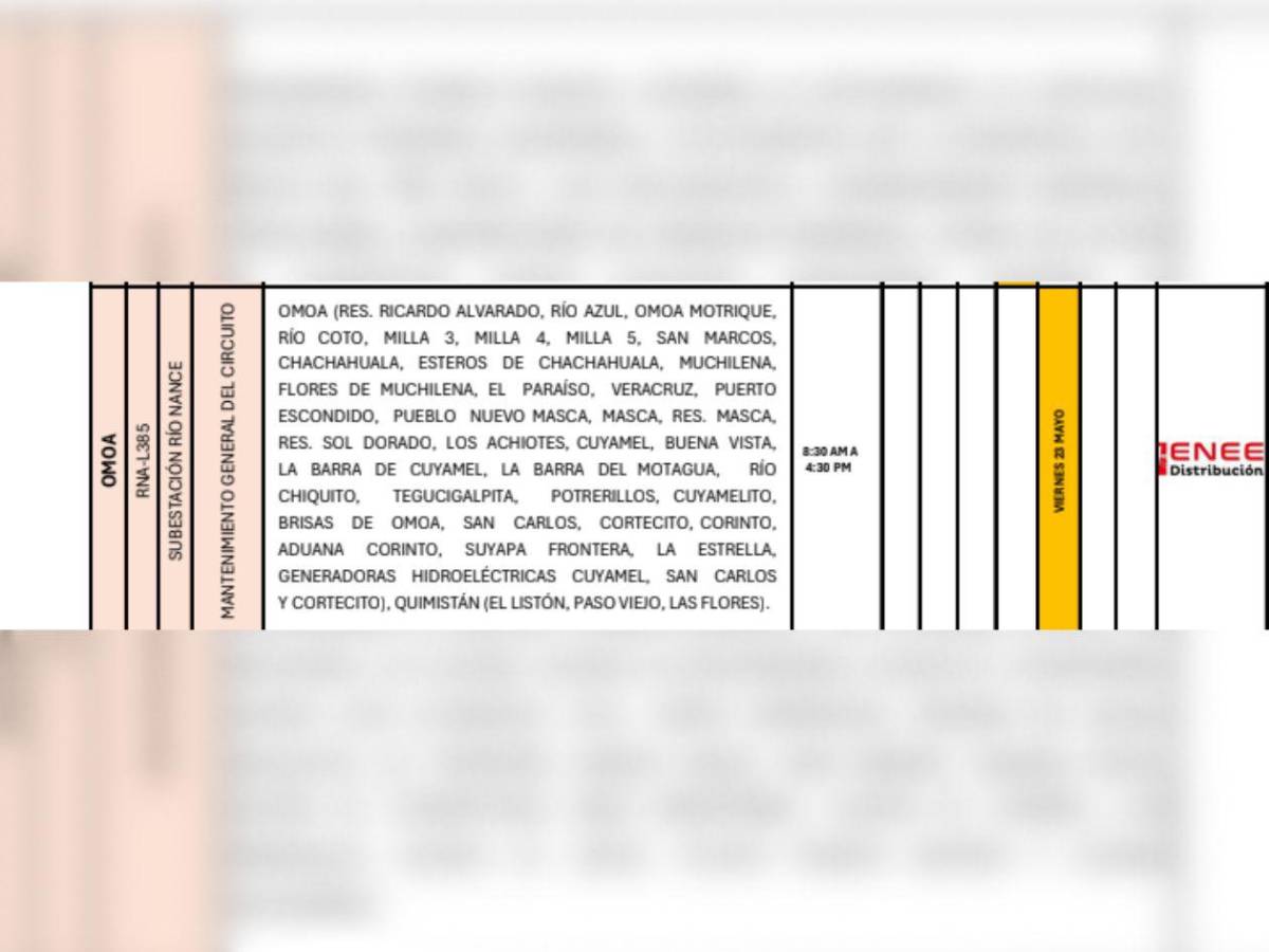 Apagones de hasta ocho horas este viernes 23 mayo en Honduras