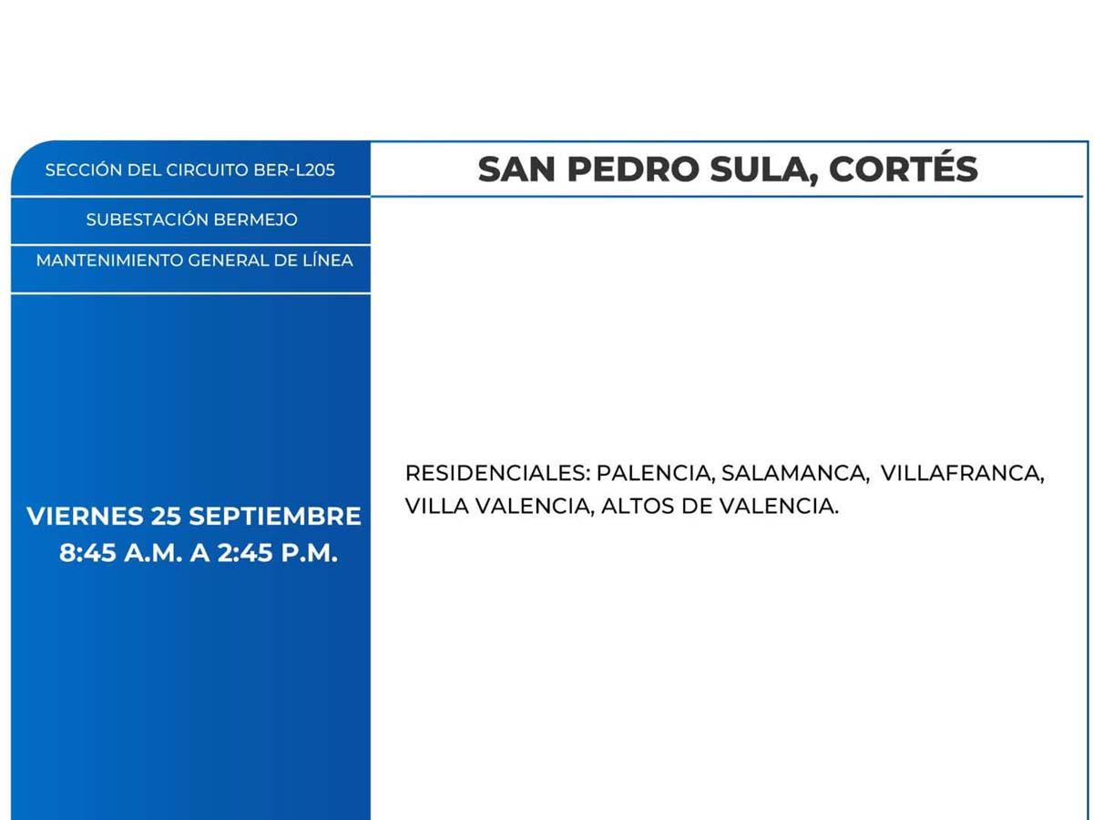 Cortes de energía de este viernes 25 de septiembre en Comayagua, San Pedro Sula y Atlántida