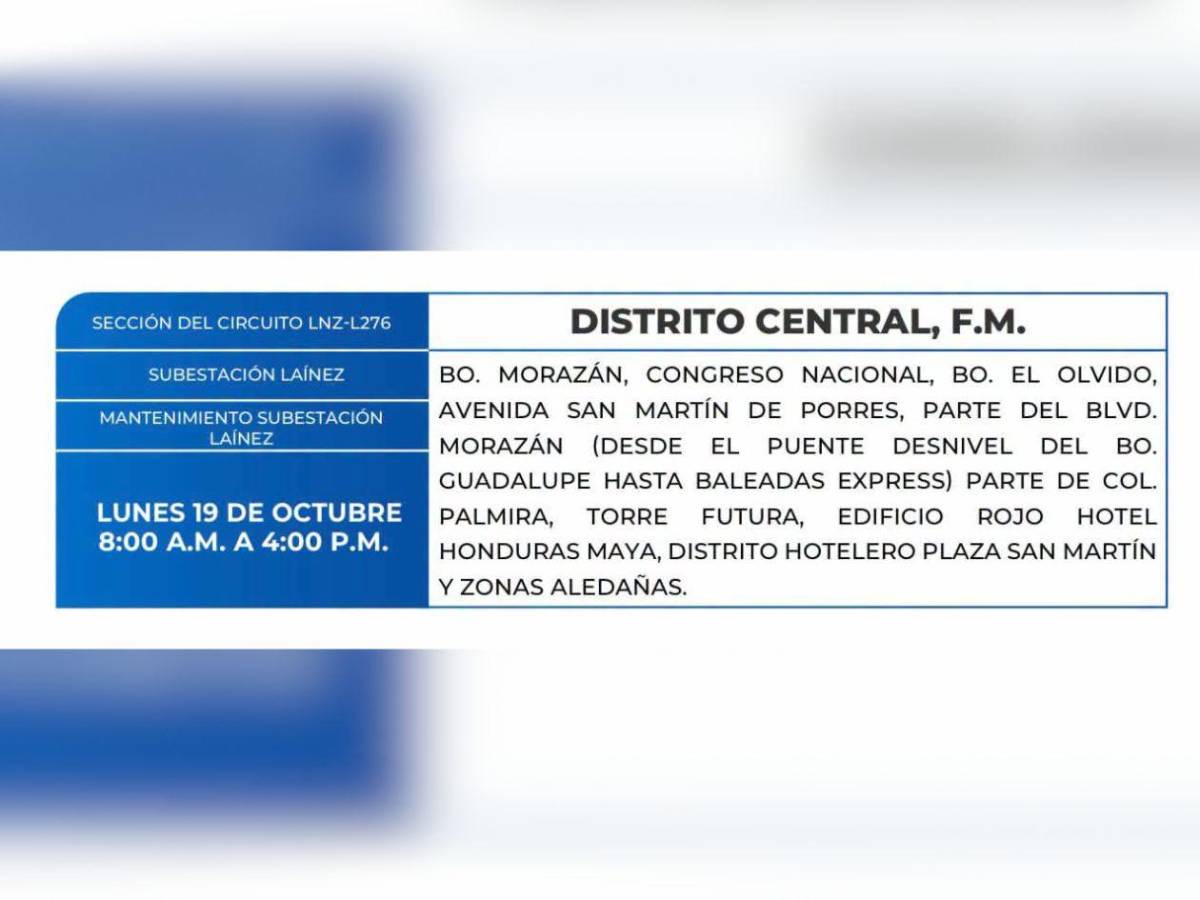 Zonas de Honduras que no tendrán energía este lunes 19 de octubre