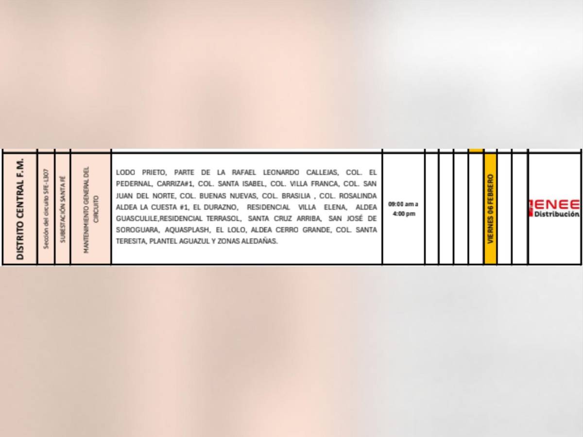 Estas zonas de Tegucigalpa y SPS no tendrán luz este viernes 6 de febrero