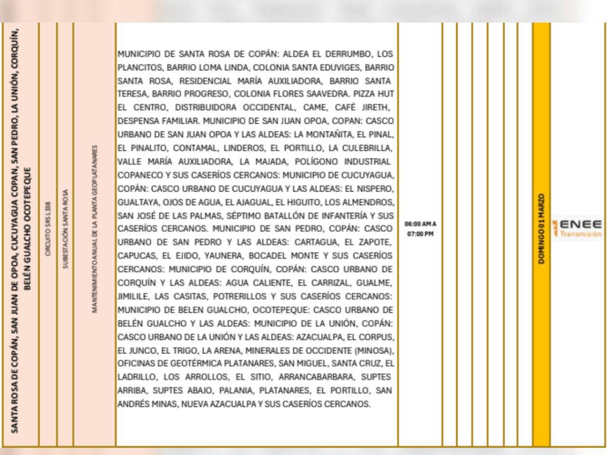 13 horas sin luz estarán estas zonas de Honduras este domingo 1 de marzo