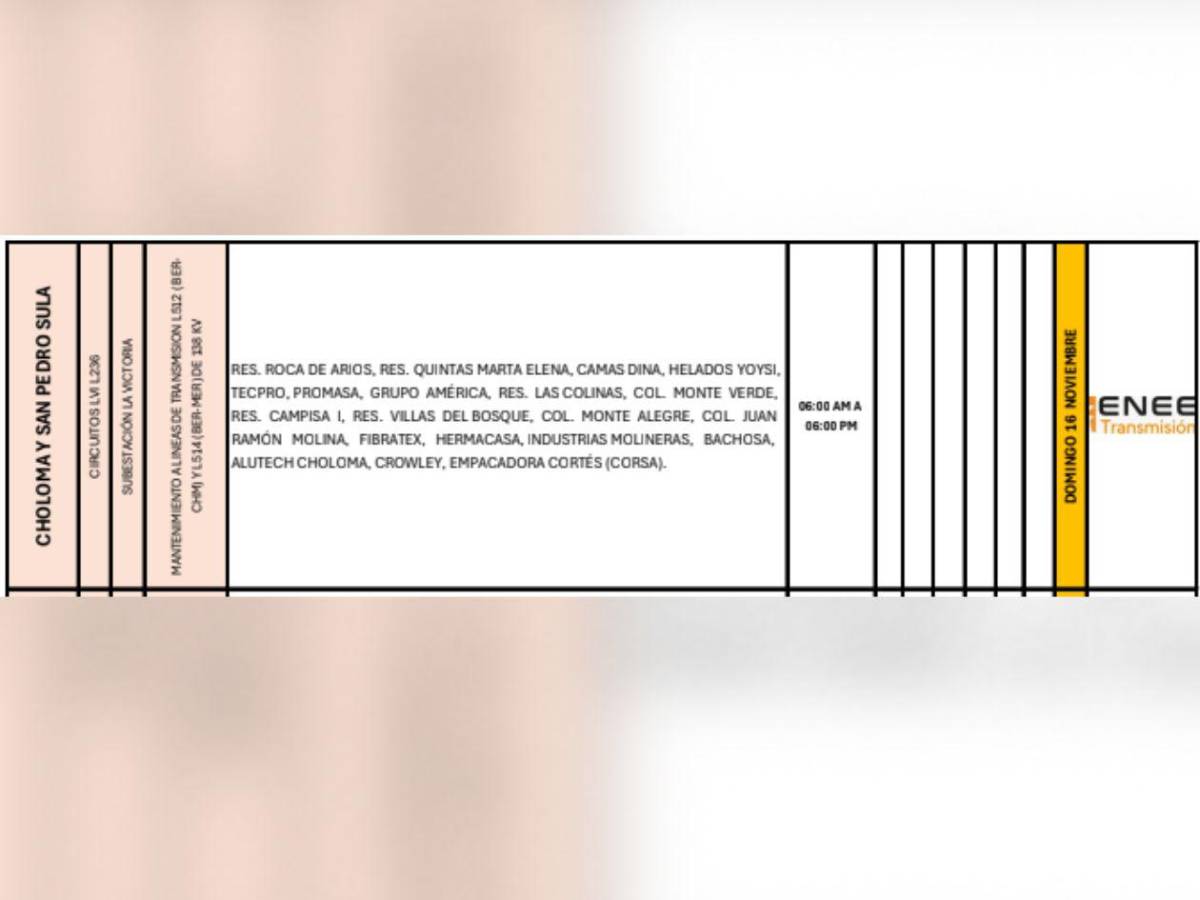 Doce horas sin luz estarán estas zonas de Honduras este domingo 16 de noviembre