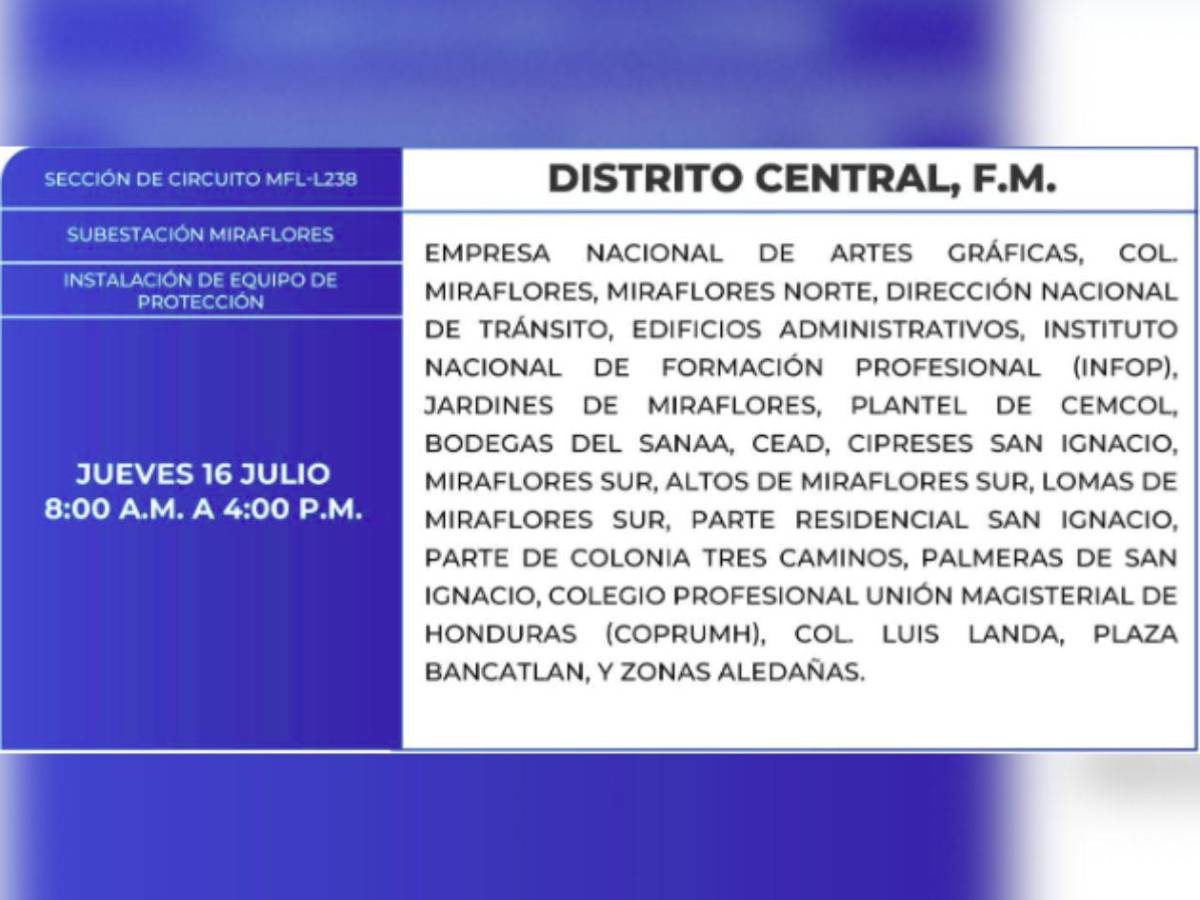 Estas zonas de Tegucigalpa y SPS no tendrán energía este jueves 16 de julio
