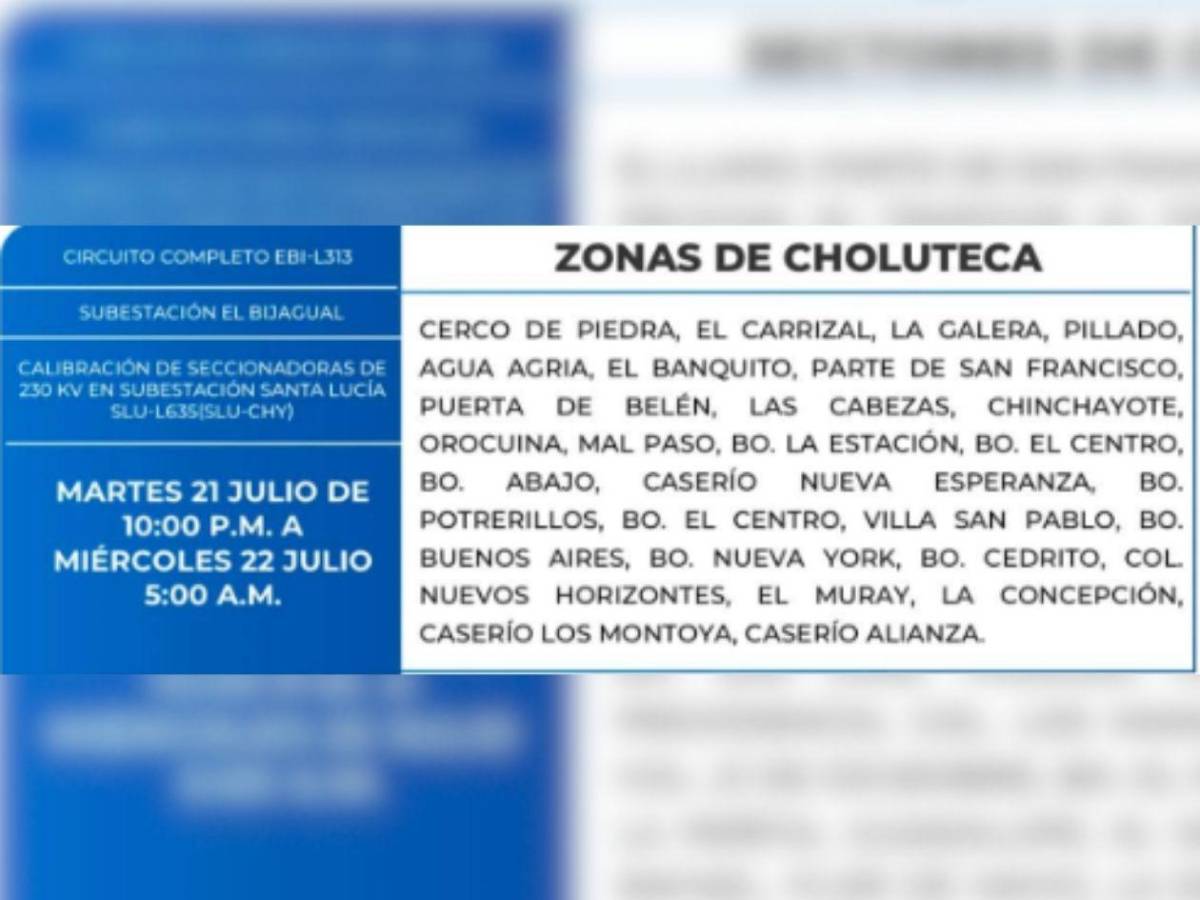 Dormirán sin luz en más de 50 zonas de Honduras este martes 21 de julio
