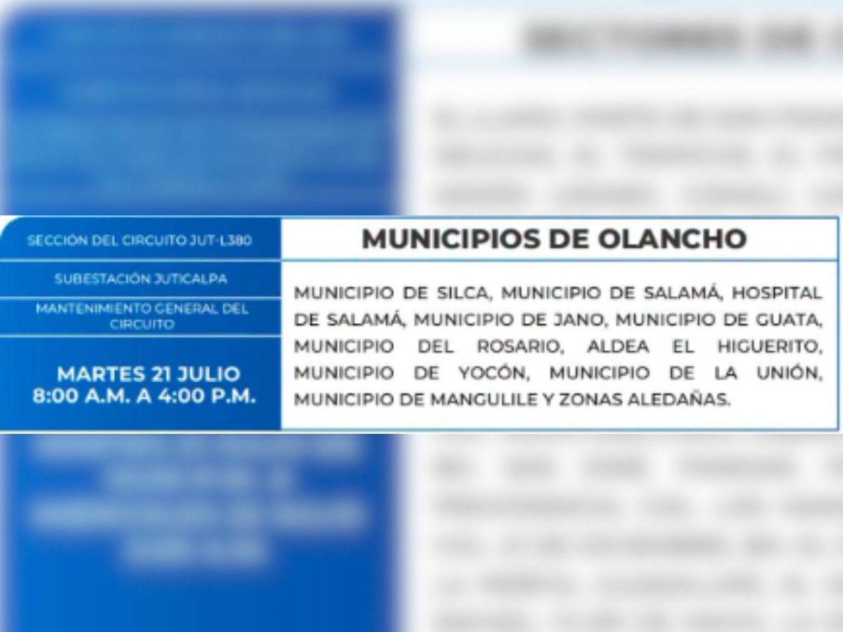 Dormirán sin luz en más de 50 zonas de Honduras este martes 21 de julio