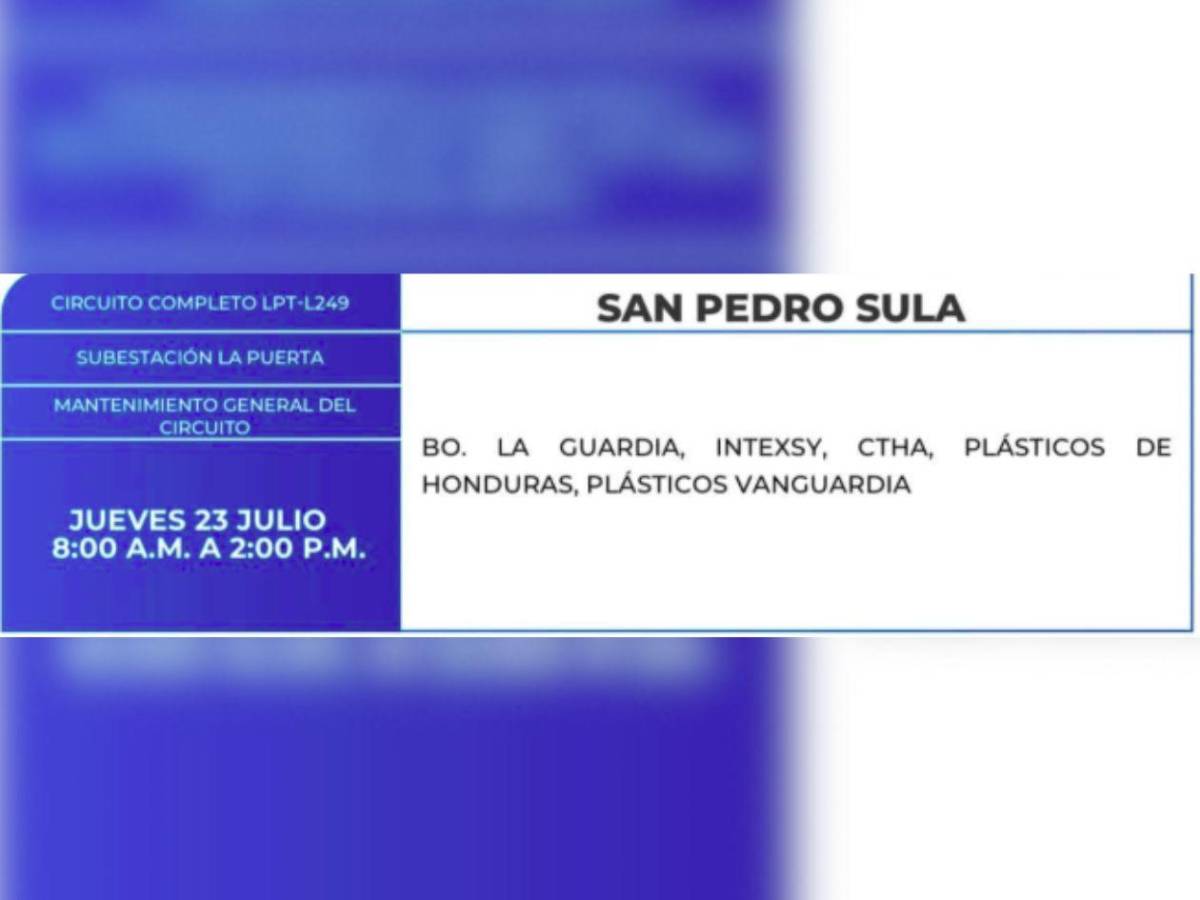 Estas zonas de Tegucigalpa y SPS no tendrán energía este jueves 23 de julio