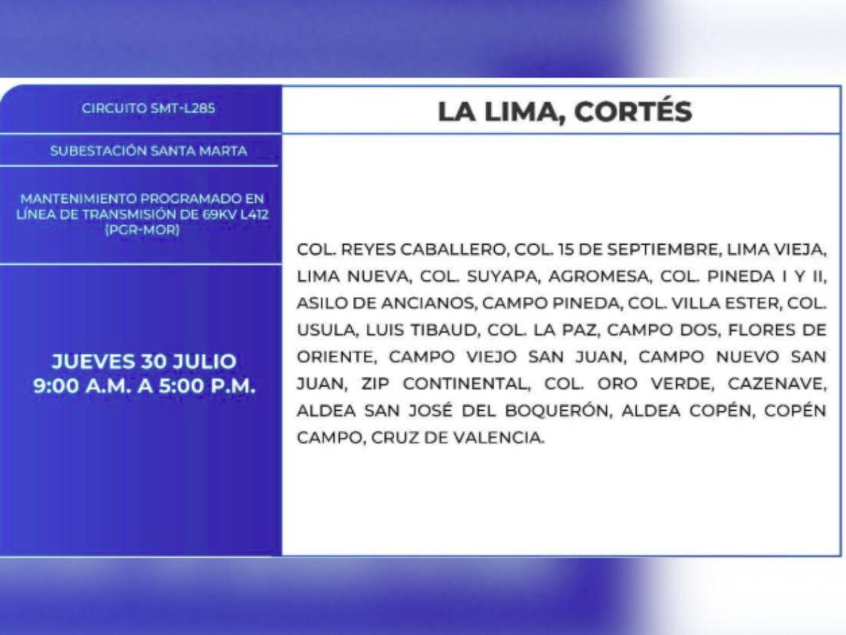 Más de 100 zonas de Honduras no tendrán energía este jueves 30 de julio