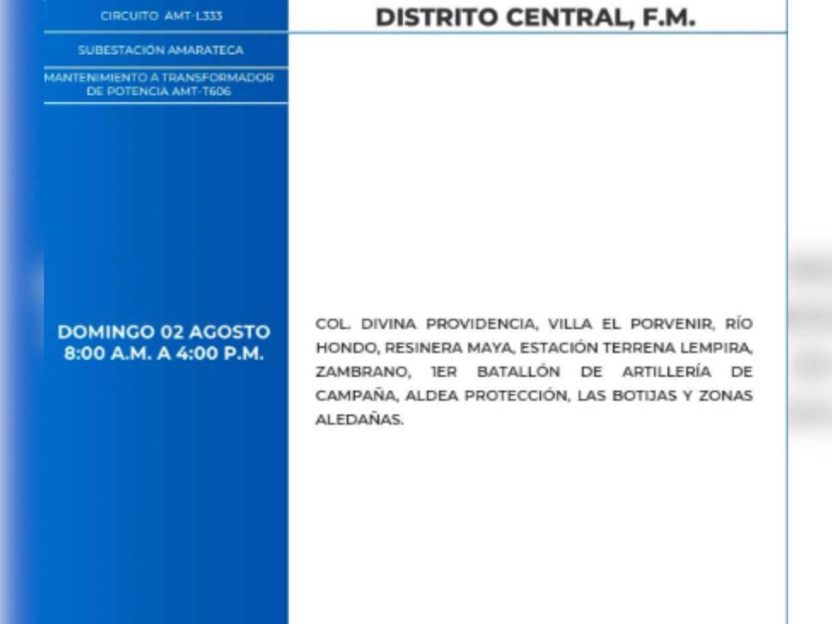 Ocho horas sin luz estará esta zona de Honduras este domingo 2 de agosto