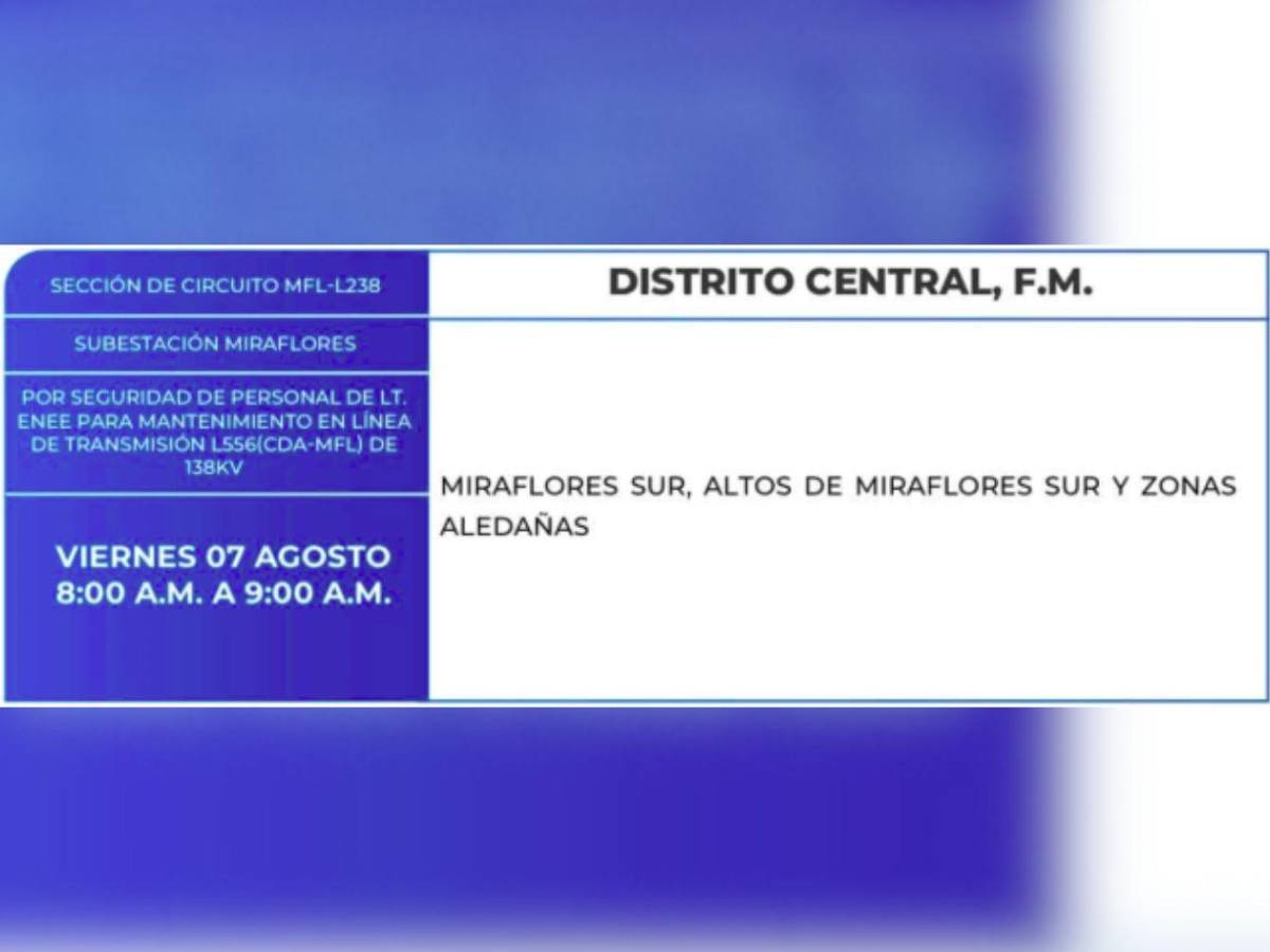 Estas zonas de Tegucigalpa y SPS no tendrán energía este viernes 7 de julio