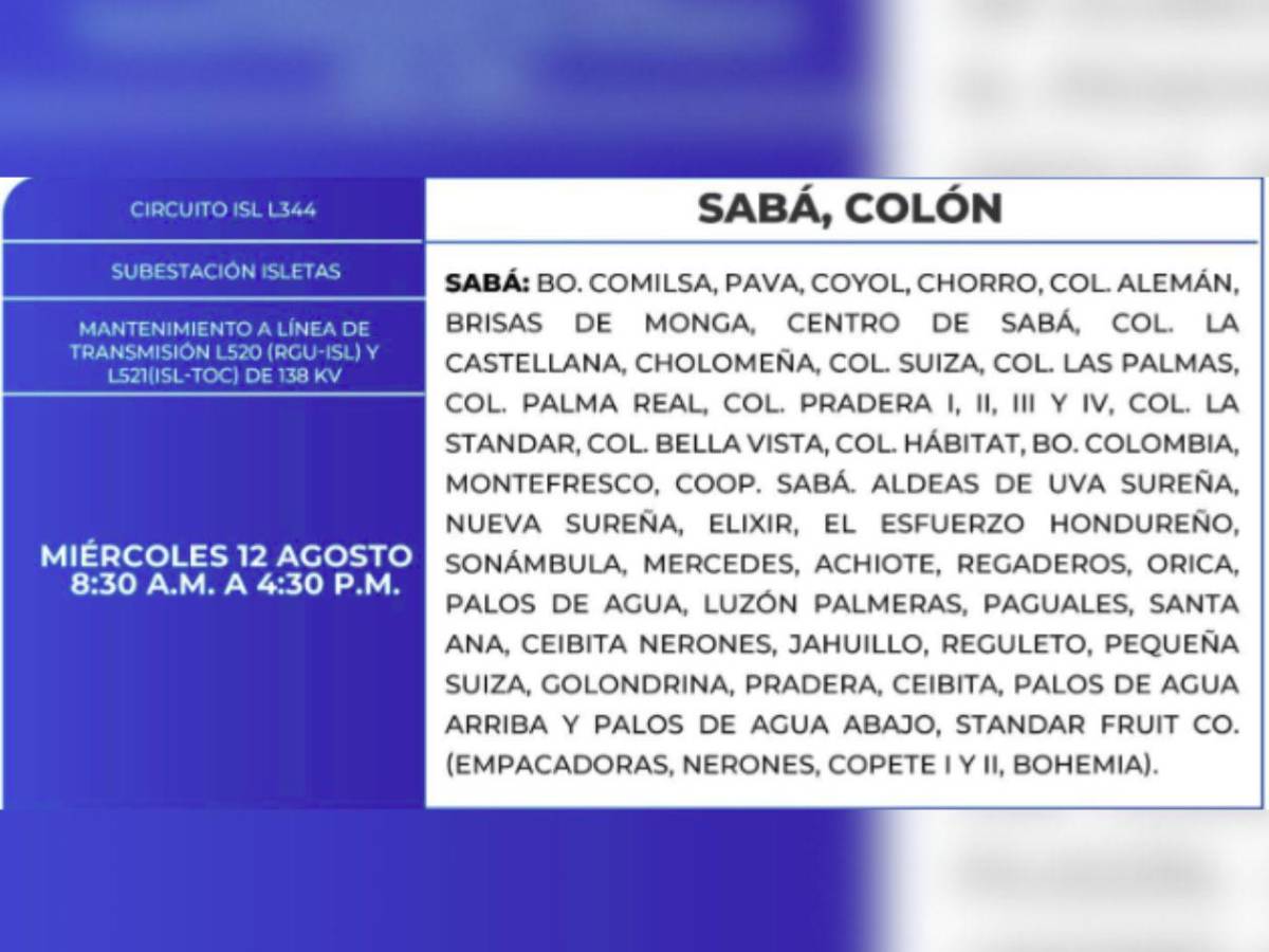 Más de 50 zonas de Honduras no tendrán luz por ocho horas este miércoles 12 de agosto