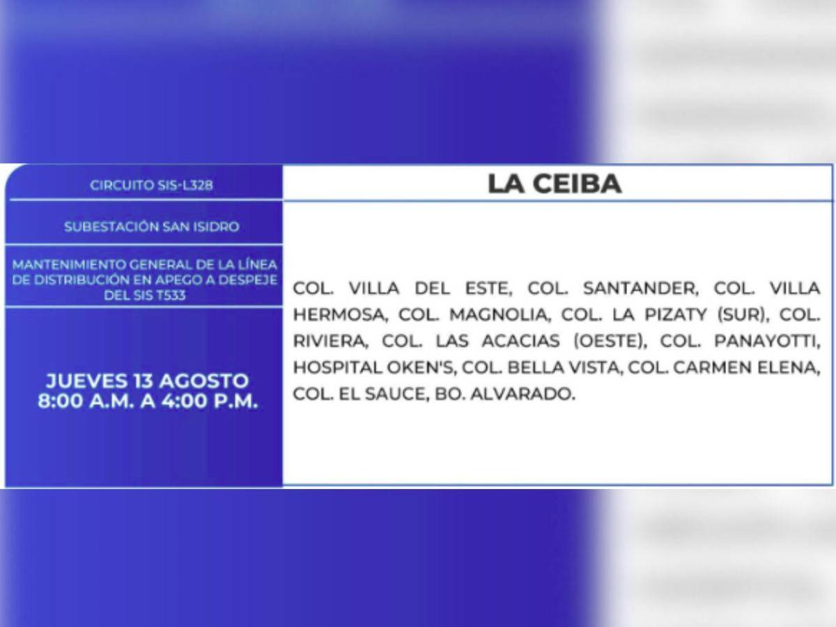 Más de 100 zonas de Honduras no tendrán luz por ocho horas este jueves 13 de agosto