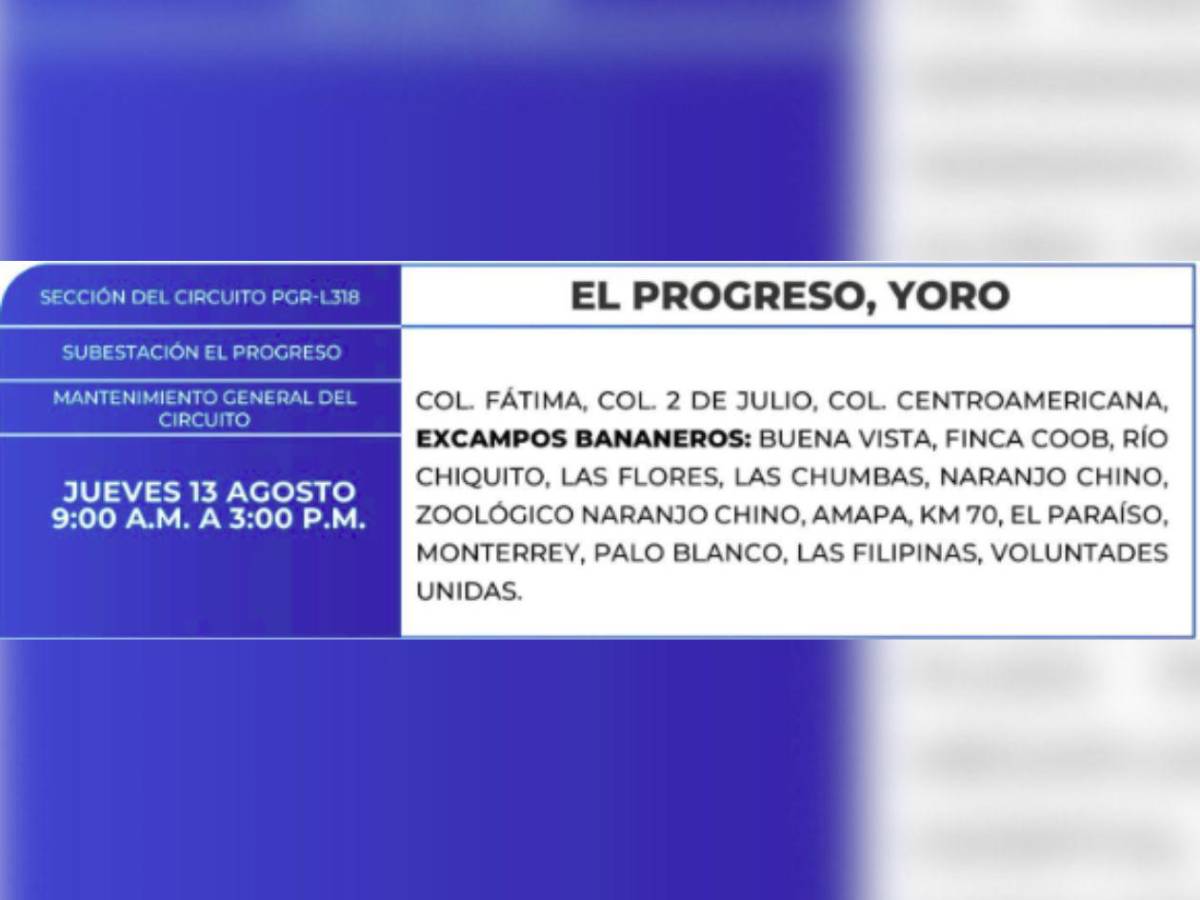 Más de 100 zonas de Honduras no tendrán luz por ocho horas este jueves 13 de agosto