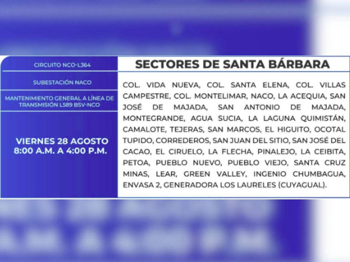 Ocho horas sin luz estarán estas zonas de Honduras este viernes 28 de agosto