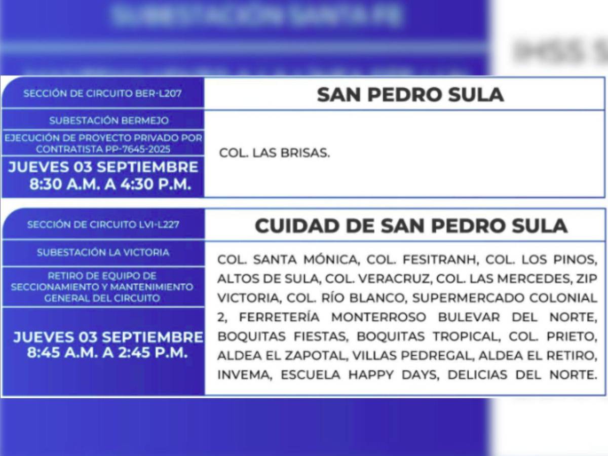 Nueve horas sin luz estarán estas zonas de Honduras  este jueves 3 de septiembre