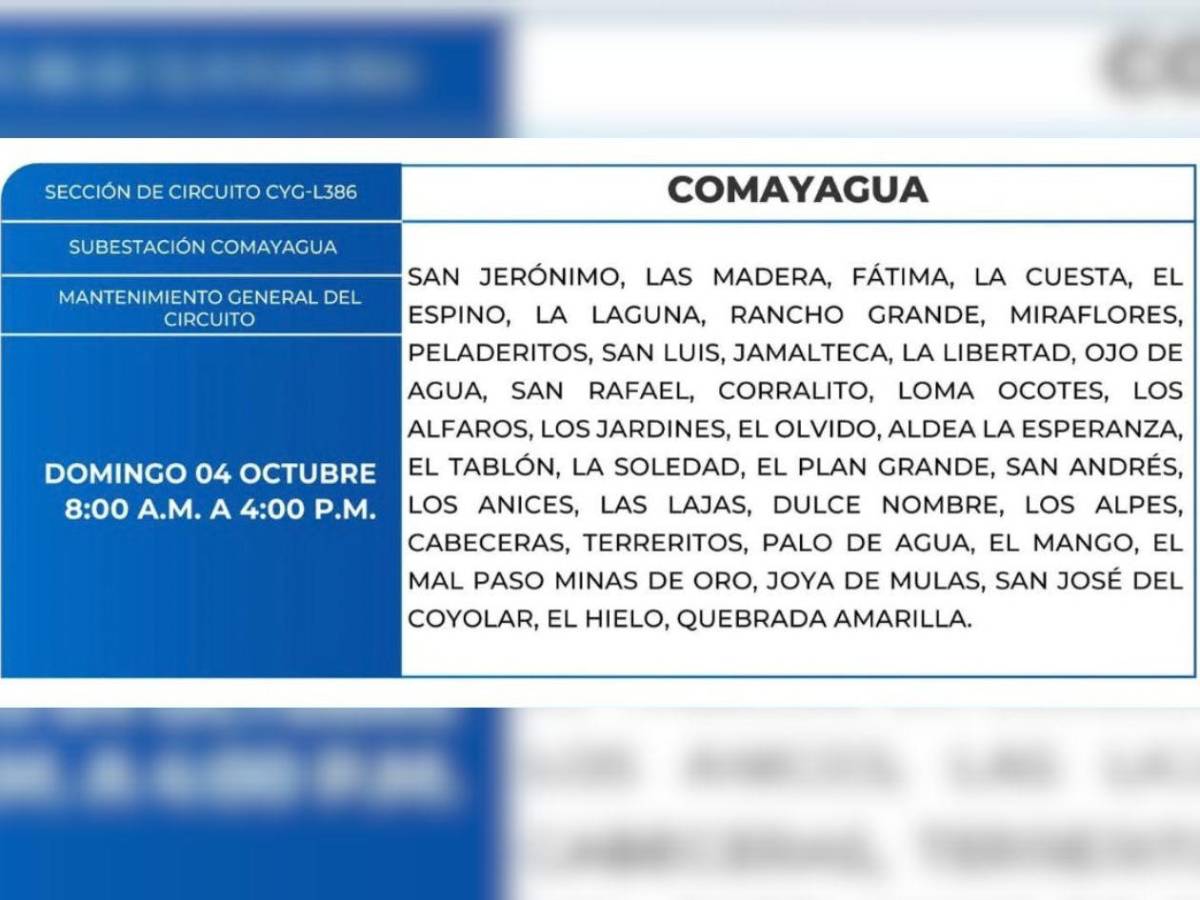 Ocho horas sin luz estará esta zona de Honduras este domingo 4 de octubre