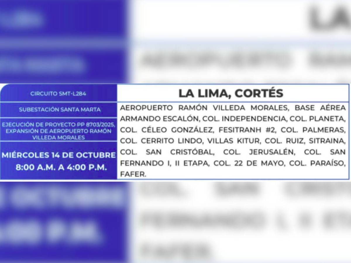 Ocho horas sin luz estarán estas zonas de Honduras este miércoles 14 de octubre