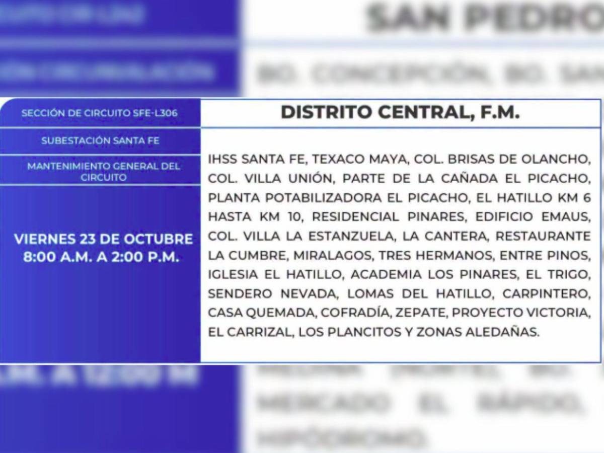 Estas zonas de SPS y el Distrito Central no tendrán energía este viernes 23 de octubre