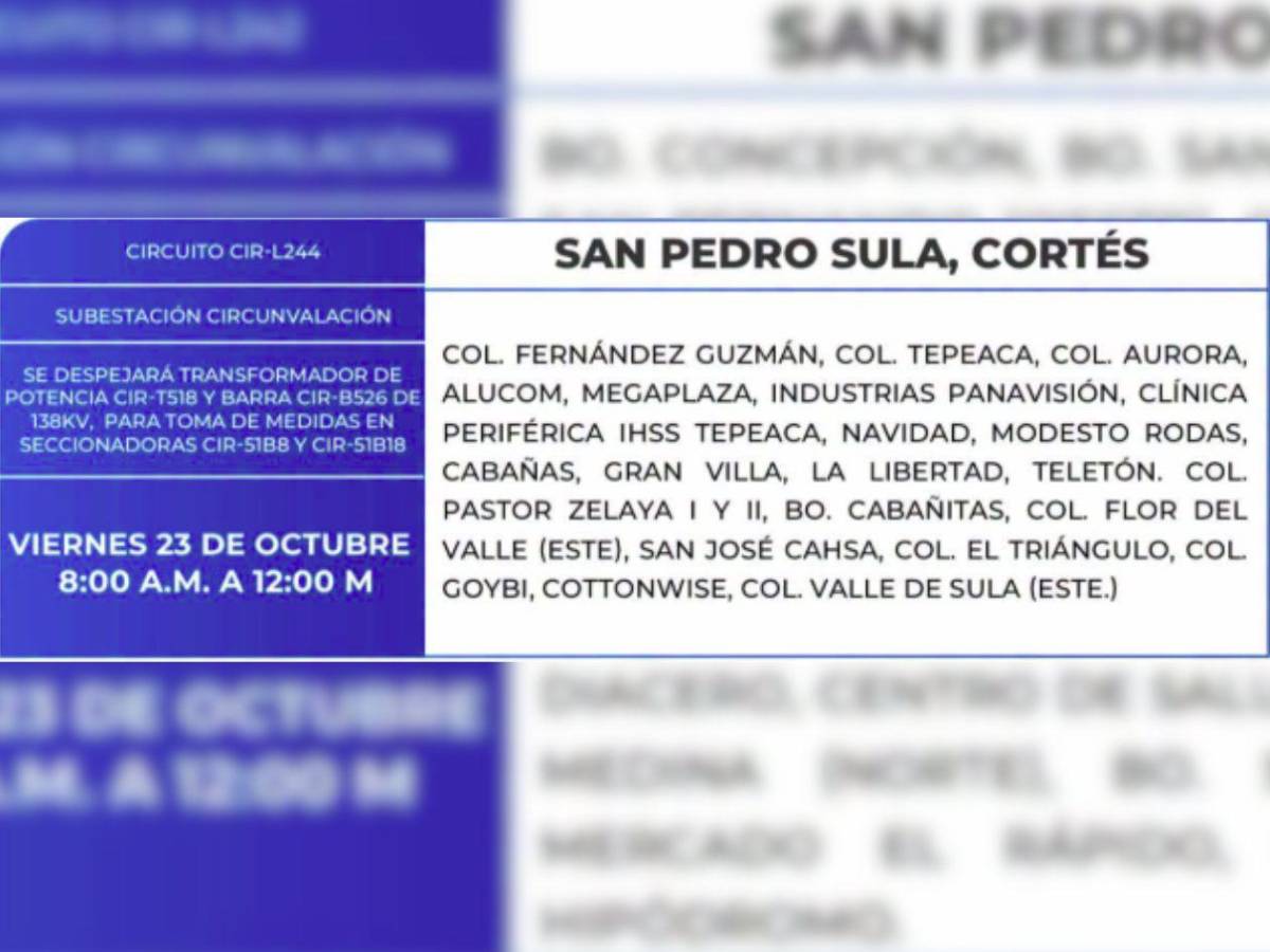 Estas zonas de SPS y el Distrito Central no tendrán energía este viernes 23 de octubre
